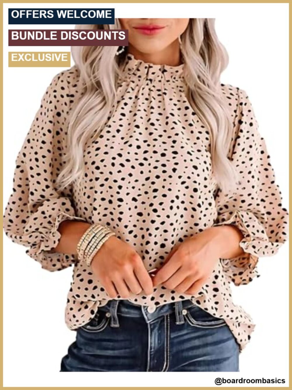 Ruffle Mock Neck Leopard Blouse 3/4 Sleeve Business Casual Top